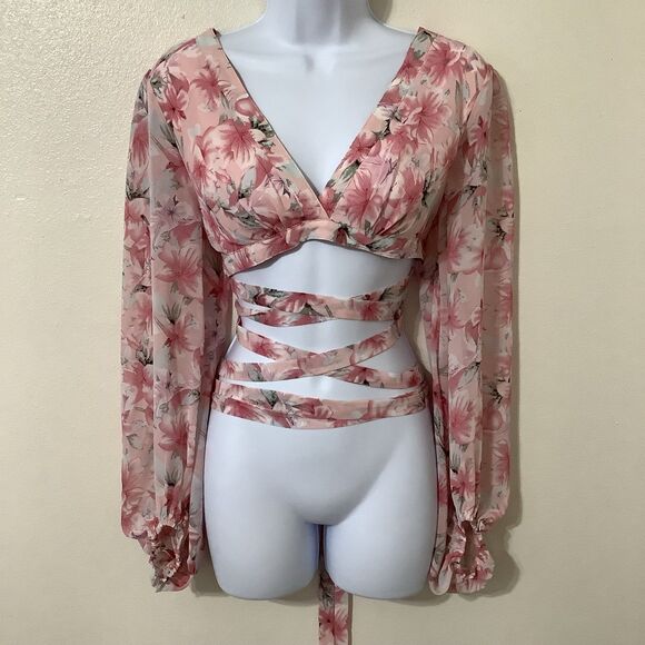 Miss Avenue Pink Feminine Girly Romantic Boho Hippie Tropical Tied Blouse Medium - Picture 1 of 12